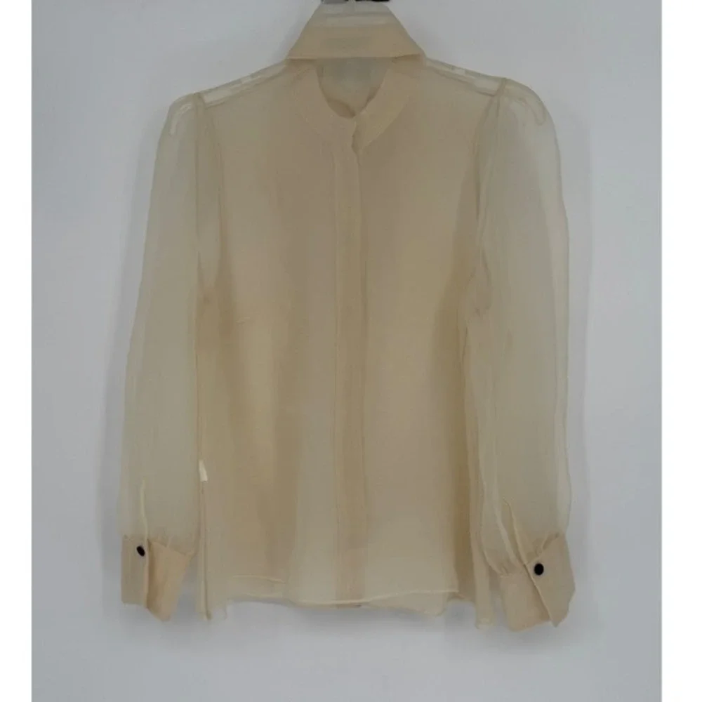 Zara Organza Bow Blouse Cream Sheer Button Front Top L Soft Femininity 102-08